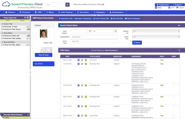 SpeechTherapy EMR Notes & Documents Screen